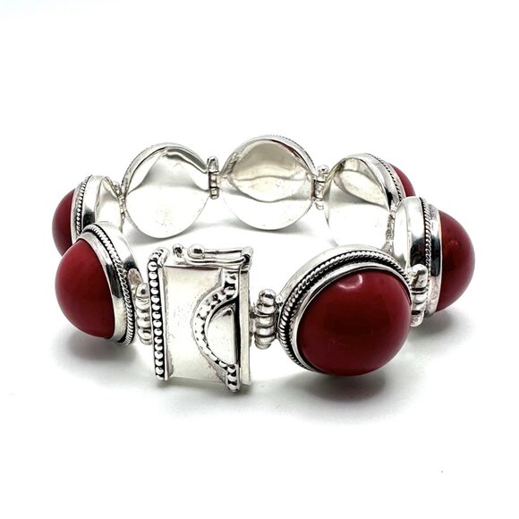 EXEX by Claudia Agudelo Sterling Silver Bamboo Red Coral Station Bracelet 7-1/4" - Picture 4 of 7